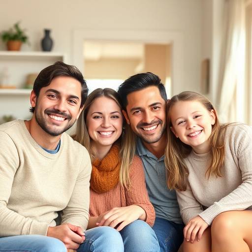 Illustration d'une famille souriante dans un int&eacute;rieur confortable et bien entretenu.