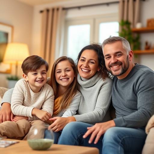 Image d'une famille souriante dans un salon confortable