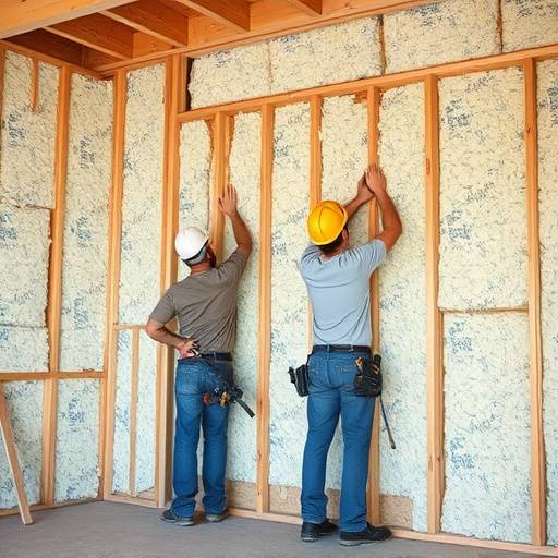Ouvriers appliquant de l'isolant sur les murs d'une maison