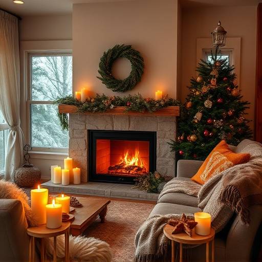 Salon d'hiver chaleureux avec une chemin&eacute;e allum&eacute;e, des bougies et des plaids douillets