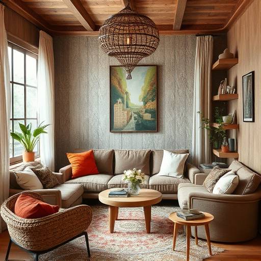 Tableau d'inspiration (mood board) pour une d&eacute;coration int&eacute;rieure boh&egrave;me chic