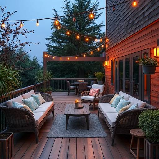Vue d'une terrasse en bois avec mobilier de jardin confortable et &eacute;clairage d'ambiance